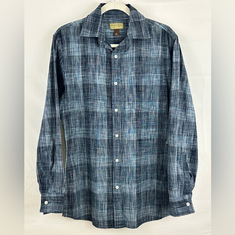 Men’s Sonoma Blue Dimensional Plaid Casual Button Down 100% Cotton Shirt…